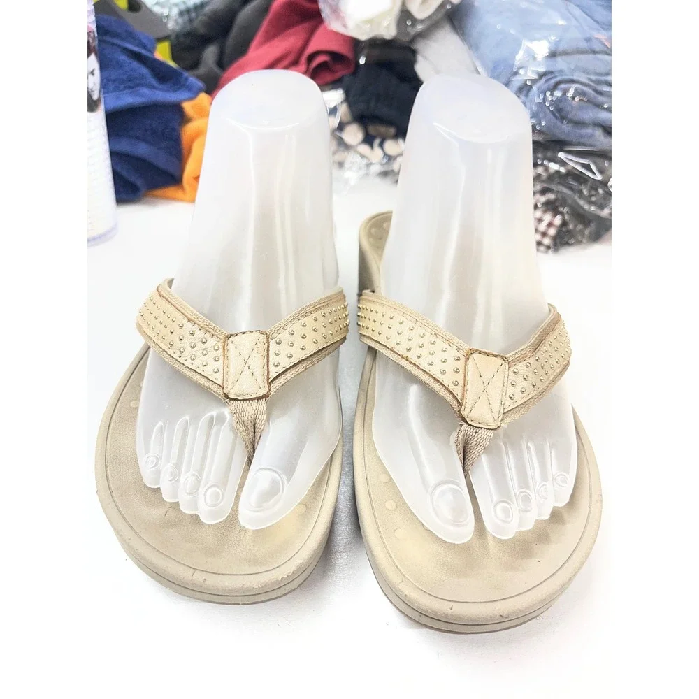 Vionic High Tide Tan Champagne Studded Orthotic Wedge Sandals Womens 9